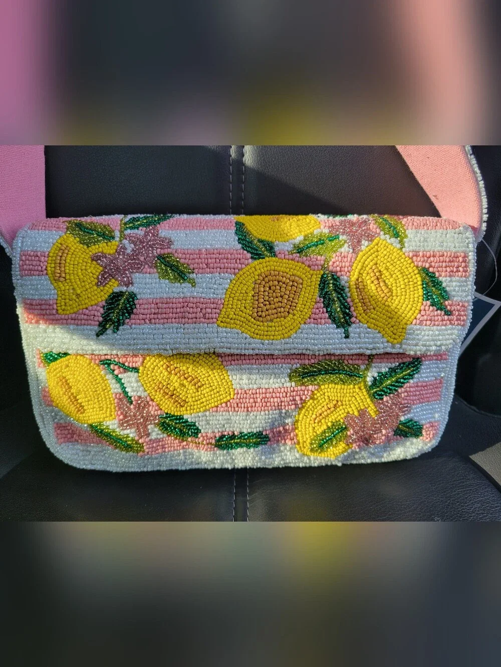 Beaded Lemon Pattern Shoulder Bag in Pink and Yellow - Picture 4 of 8
